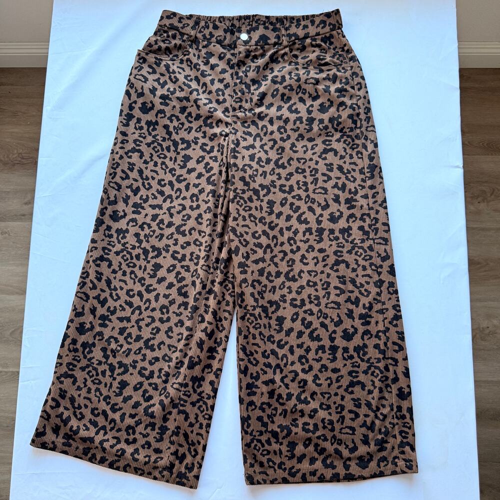 SHEIN Curve Leopard Print Corduroy Wide Leg Pants Brown Black 0XL